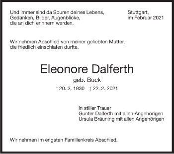 Traueranzeige von Eleonore Dalferth von Stuttgarter Zeitung / Stuttgarter Nachrichten