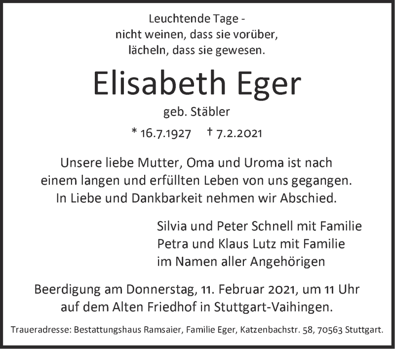  Traueranzeige für Elisabeth Eger vom 09.02.2021 aus Stuttgarter Zeitung / Stuttgarter Nachrichten