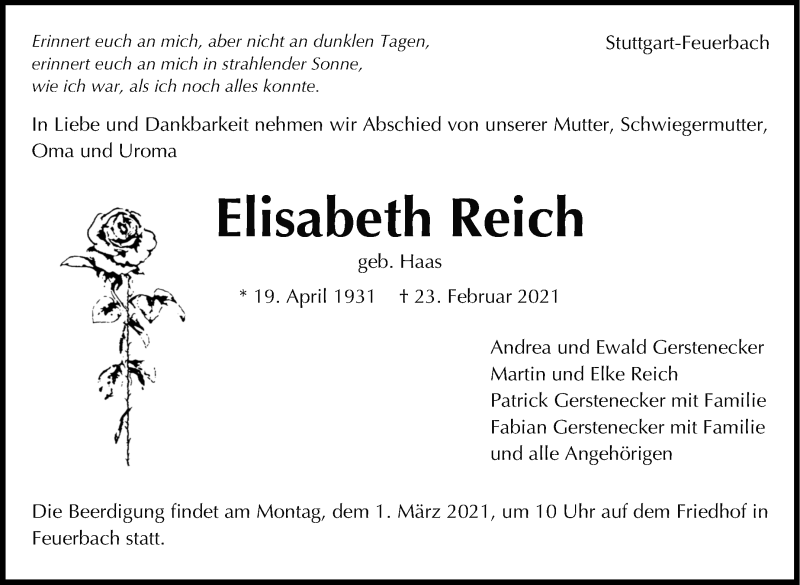  Traueranzeige für Elisabeth Reich vom 25.02.2021 aus Stuttgarter Zeitung / Stuttgarter Nachrichten