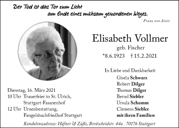 Traueranzeige von Elisabeth Vollmer von Stuttgarter Zeitung / Stuttgarter Nachrichten