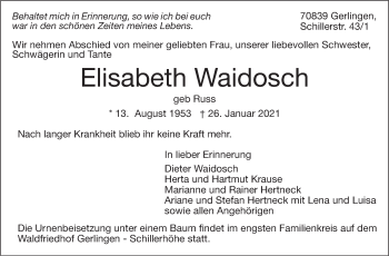 Traueranzeige von Elisabeth Waidosch von Stuttgarter Zeitung / Stuttgarter Nachrichten