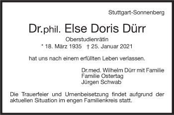 Traueranzeige von Else Doris Dürr von Stuttgarter Zeitung / Stuttgarter Nachrichten