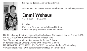 Traueranzeige von Emmi Wehaus von Stuttgarter Zeitung / Stuttgarter Nachrichten