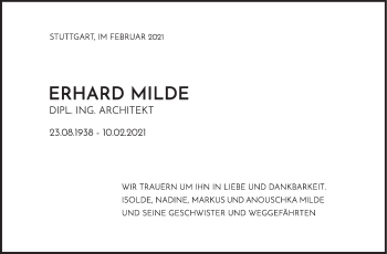 Traueranzeige von Erhard Milde von Stuttgarter Zeitung / Stuttgarter Nachrichten