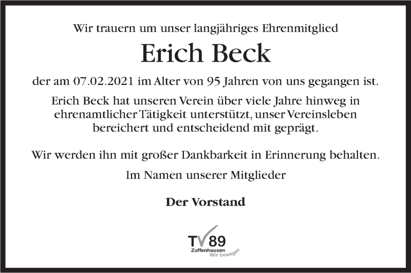  Traueranzeige für Erich Beck vom 18.02.2021 aus Stuttgarter Zeitung / Stuttgarter Nachrichten