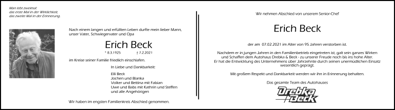  Traueranzeige für Erich Beck vom 16.02.2021 aus Stuttgarter Zeitung / Stuttgarter Nachrichten