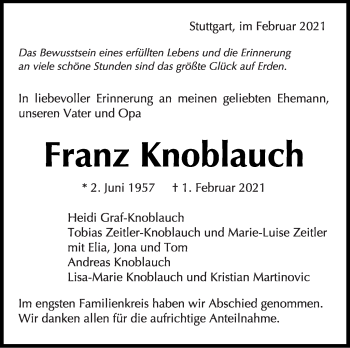 Traueranzeige von Franz Knoblauch von Stuttgarter Zeitung / Stuttgarter Nachrichten