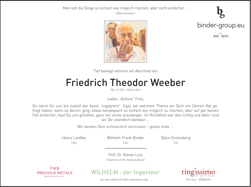  Traueranzeige für Friedrich Theodor Weeber vom 06.02.2021 aus Stuttgarter Zeitung / Stuttgarter Nachrichten