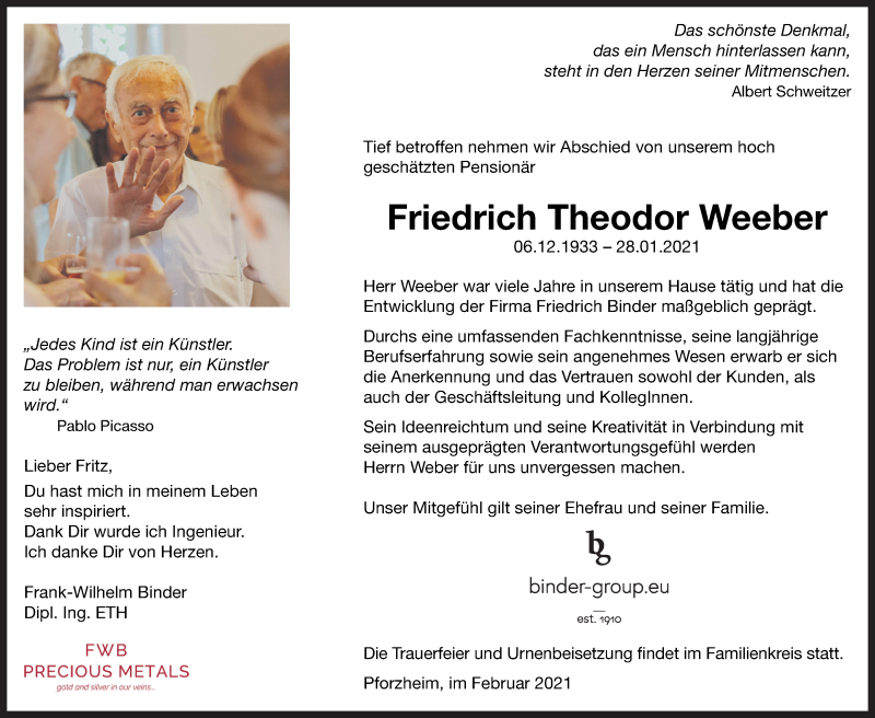  Traueranzeige für Friedrich Theodor Weeber vom 06.02.2021 aus Stuttgarter Zeitung / Stuttgarter Nachrichten