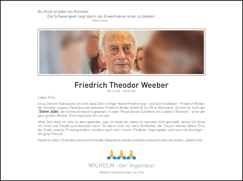  Traueranzeige für Friedrich Theodor Weeber vom 06.02.2021 aus Stuttgarter Zeitung / Stuttgarter Nachrichten