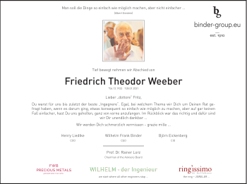 Traueranzeige von Friedrich Theodor Weeber von Stuttgarter Zeitung / Stuttgarter Nachrichten