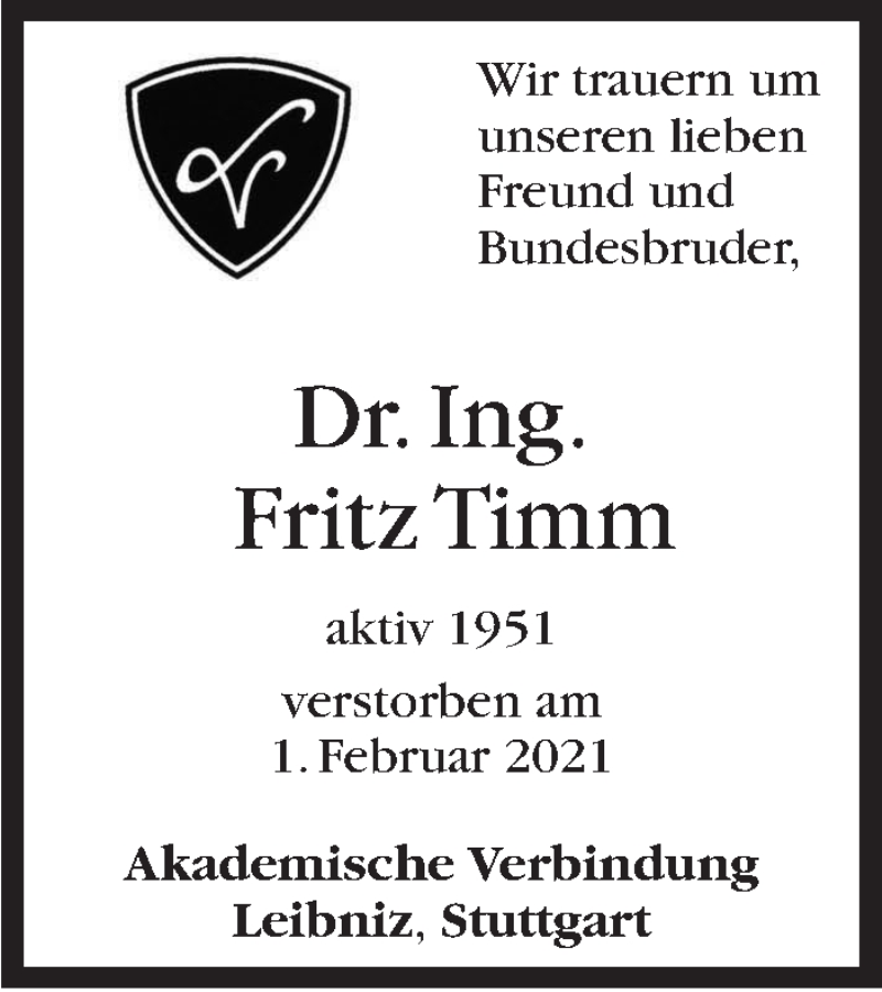  Traueranzeige für Fritz Timm vom 20.02.2021 aus Stuttgarter Zeitung / Stuttgarter Nachrichten
