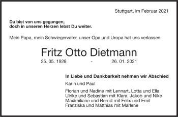 Traueranzeige von Fritz Otto Dietmann von Stuttgarter Zeitung / Stuttgarter Nachrichten