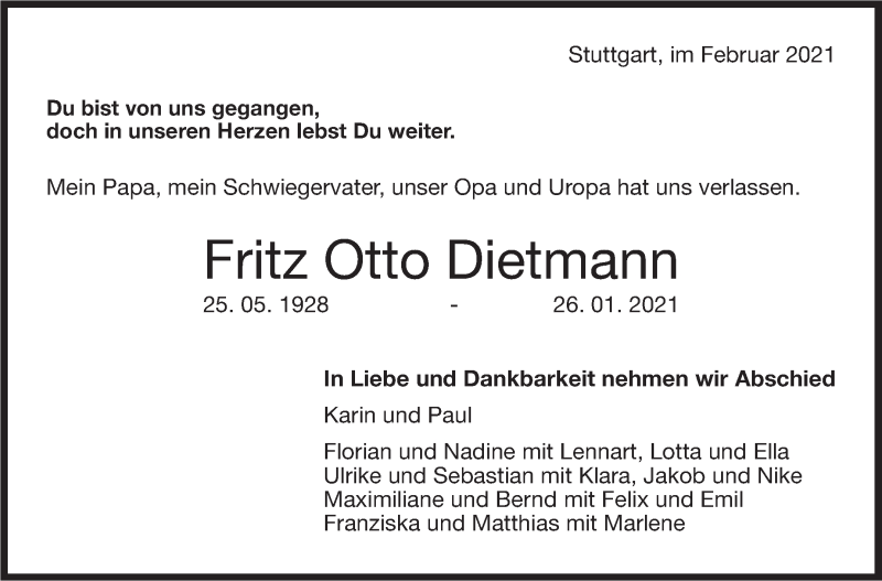  Traueranzeige für Fritz Otto Dietmann vom 16.02.2021 aus Stuttgarter Zeitung / Stuttgarter Nachrichten
