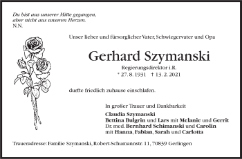 Traueranzeige von Gerhard Szymanski von Stuttgarter Zeitung / Stuttgarter Nachrichten