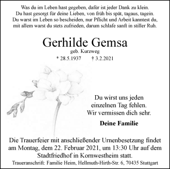 Traueranzeige von Gerhilde Gemsa von Stuttgarter Zeitung / Stuttgarter Nachrichten
