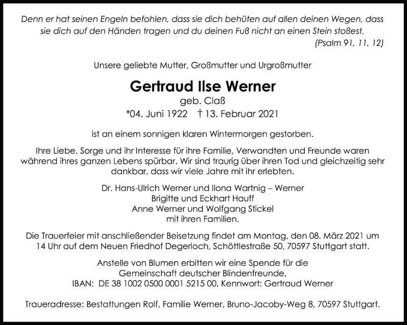  Traueranzeige für Gertraud Ilse Werner vom 27.02.2021 aus Stuttgarter Zeitung / Stuttgarter Nachrichten