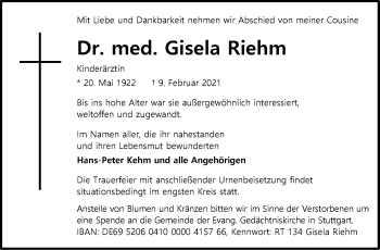 Traueranzeige von Gisela Riehm von Stuttgarter Zeitung / Stuttgarter Nachrichten
