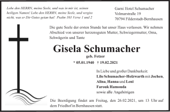 Traueranzeige von Gisela Schumacher von Stuttgarter Zeitung / Stuttgarter Nachrichten