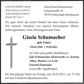 Traueranzeige von Gisela Schumacher von Stuttgarter Zeitung / Stuttgarter Nachrichten