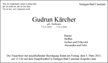 Traueranzeige von Gudrun Kärcher von Stuttgarter Zeitung / Stuttgarter Nachrichten