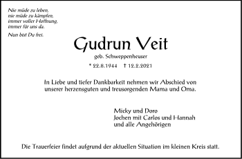 Traueranzeige von Gudrun Veit von Stuttgarter Zeitung / Stuttgarter Nachrichten