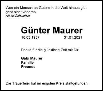 Traueranzeige von Günter Maurer von Stuttgarter Zeitung / Stuttgarter Nachrichten