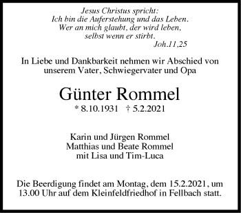 Traueranzeige von Günter Rommel von Stuttgarter Zeitung / Stuttgarter Nachrichten