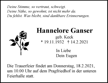 Traueranzeige von Hannelore Ganser von Stuttgarter Zeitung / Stuttgarter Nachrichten