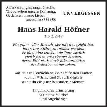Traueranzeige von Hans-Harald Höfner von Stuttgarter Zeitung / Stuttgarter Nachrichten