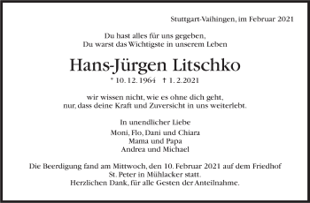 Traueranzeige von Hans-Jürgen Litschko von Stuttgarter Zeitung / Stuttgarter Nachrichten