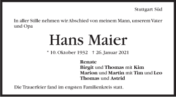 Traueranzeige von Hans Maier von Stuttgarter Zeitung / Stuttgarter Nachrichten