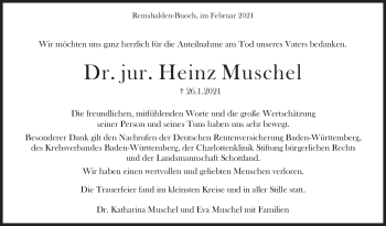 Traueranzeige von Heinz Muschel von Stuttgarter Zeitung / Stuttgarter Nachrichten