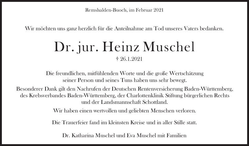  Traueranzeige für Heinz Muschel vom 27.02.2021 aus Stuttgarter Zeitung / Stuttgarter Nachrichten