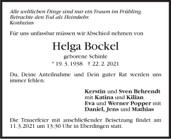 Traueranzeige von Helga Bockel von Stuttgarter Zeitung / Stuttgarter Nachrichten