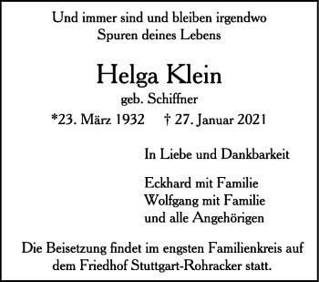 Traueranzeige von Helga Klein von Stuttgarter Zeitung / Stuttgarter Nachrichten