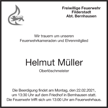 Traueranzeige von Helmut Müller von Stuttgarter Zeitung / Stuttgarter Nachrichten