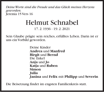 Traueranzeige von Helmut Schnabel von Stuttgarter Zeitung / Stuttgarter Nachrichten