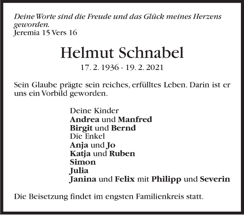  Traueranzeige für Helmut Schnabel vom 27.02.2021 aus Stuttgarter Zeitung / Stuttgarter Nachrichten