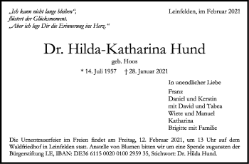 Traueranzeige von Hilda-Katharina Hund von Stuttgarter Zeitung / Stuttgarter Nachrichten