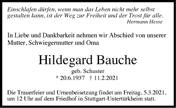Traueranzeige von Hildegard Bauche von Stuttgarter Zeitung / Stuttgarter Nachrichten