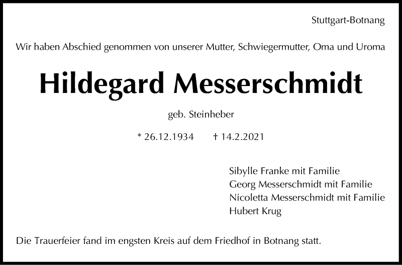  Traueranzeige für Hildegard Messerschmidt vom 23.02.2021 aus Stuttgarter Zeitung / Stuttgarter Nachrichten