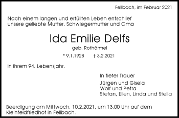 Traueranzeige von Ida Emilie Delfs von Stuttgarter Zeitung / Stuttgarter Nachrichten