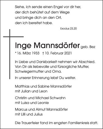 Traueranzeige von Inge Mannsdörfer von Stuttgarter Zeitung / Stuttgarter Nachrichten