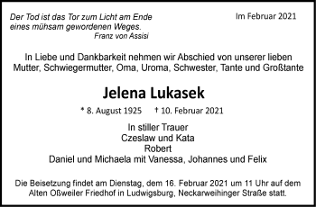 Traueranzeige von Jelena Lukasek von Stuttgarter Zeitung / Stuttgarter Nachrichten