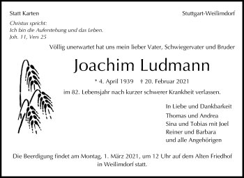 Traueranzeige von Joachim Ludmann von Stuttgarter Zeitung / Stuttgarter Nachrichten