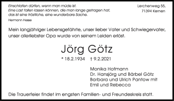 Traueranzeige von Jörg Götz von Stuttgarter Zeitung / Stuttgarter Nachrichten