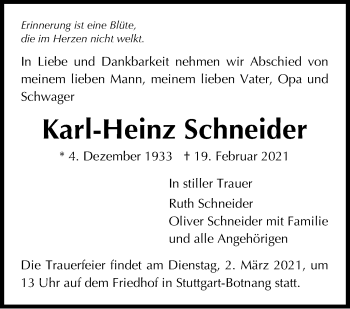 Traueranzeige von Karl-Heinz Schneider von Stuttgarter Zeitung / Stuttgarter Nachrichten