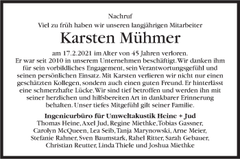 Traueranzeige von Karsten Mühmer von Stuttgarter Zeitung / Stuttgarter Nachrichten