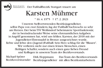 Traueranzeige von Karsten Mühmer von Stuttgarter Zeitung / Stuttgarter Nachrichten